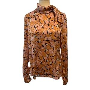 WAYF Floral Tie Neck Blouse Size M NWT Pink Mustard Boho Long Sleeve Top